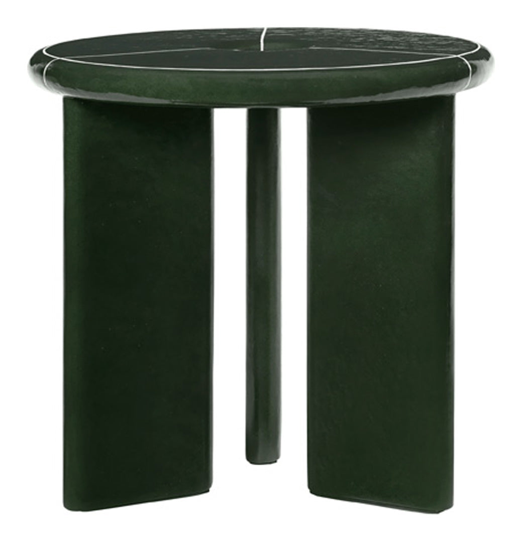 Green round side table with matte finish and sleek white accent lines. Elegant modern design perfect for any space.