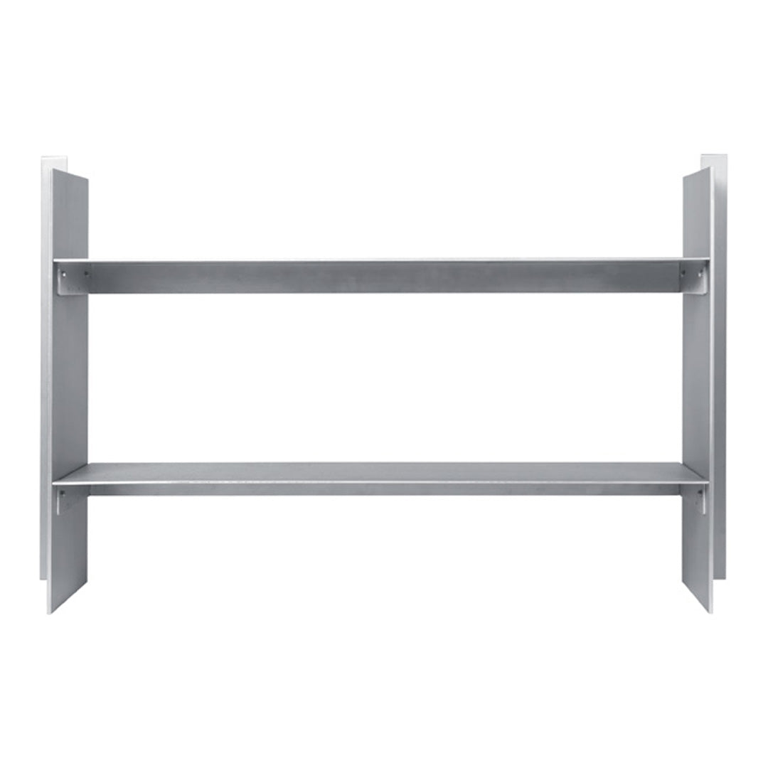 Sleek silver metal shelving unit with a minimalist design, featuring smooth surfaces and clean lines.