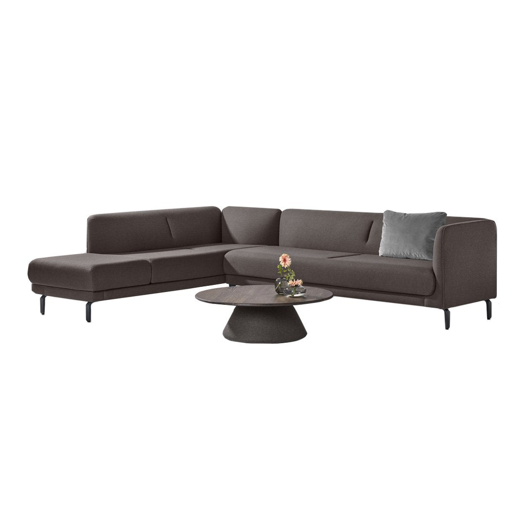 Dark brown sectional sofa with a sleek, modern design, featuring smooth upholstery and minimalist lines.