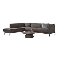 Dark brown sectional sofa with a sleek, modern design, featuring smooth upholstery and minimalist lines.