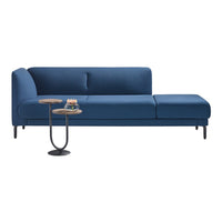 Modern blue fabric sectional sofa with a sleek design and minimalistic accent table. Ideal for contemporary living spaces.