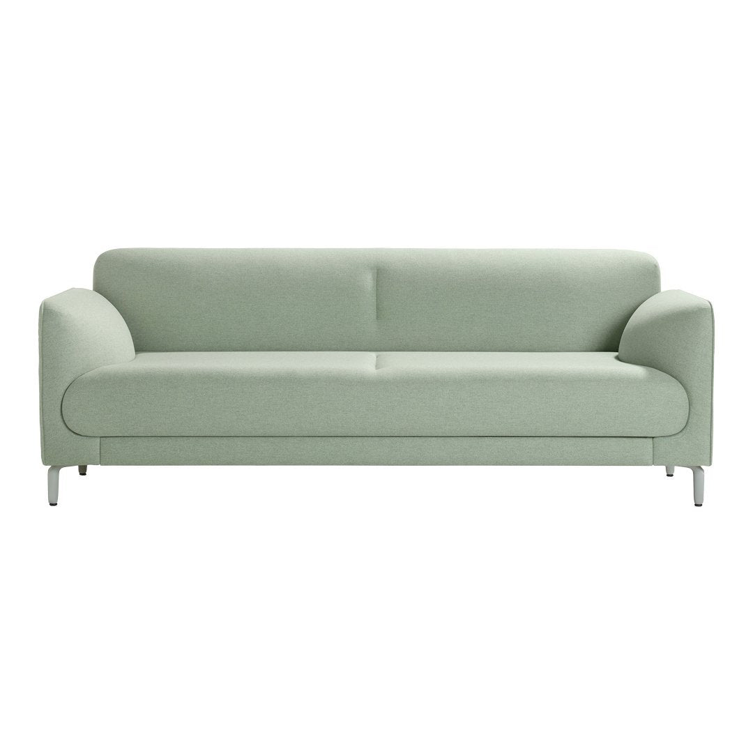 Soft mint green sofa with smooth, minimalist design and padded arms, perfect for modern living spaces.