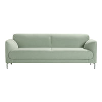 Soft mint green sofa with smooth, minimalist design and padded arms, perfect for modern living spaces.