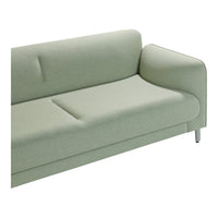 Light green sofa with a smooth fabric texture and minimalist design, featuring a single armrest and clean lines.