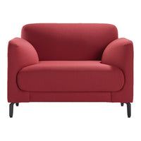 Red modern loveseat with smooth, rounded cushions and sleek black legs. Ideal for contemporary living spaces.