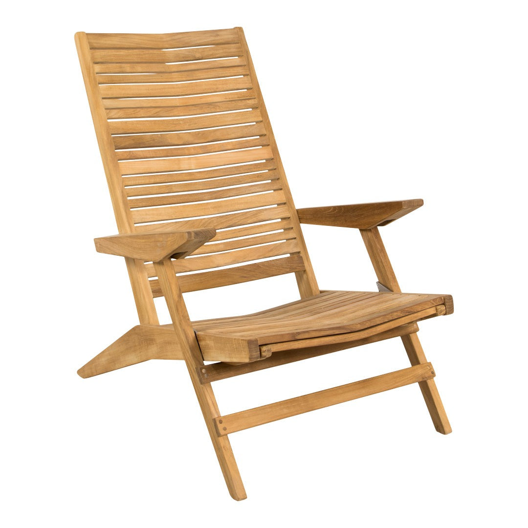 Light brown wooden deck chair with horizontal slats and a natural finish. Perfect for outdoor relaxation.