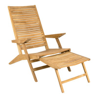 Natural wood lounge chair with a slatted design in a warm honey finish and a matching footrest.