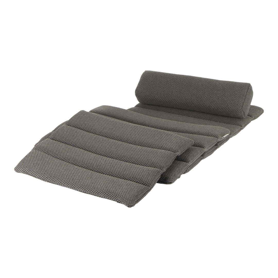 Gray outdoor cushion with textured, padded sections, featuring a modern and sleek design for added comfort.