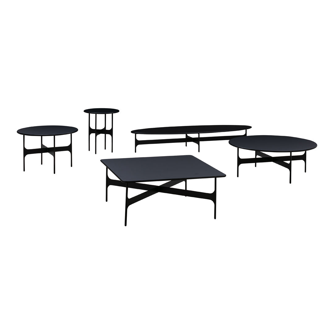 Set of modern black coffee tables featuring sleek, minimalist designs with a smooth finish and varying shapes.