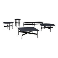 Set of modern black coffee tables featuring sleek, minimalist designs with a smooth finish and varying shapes.