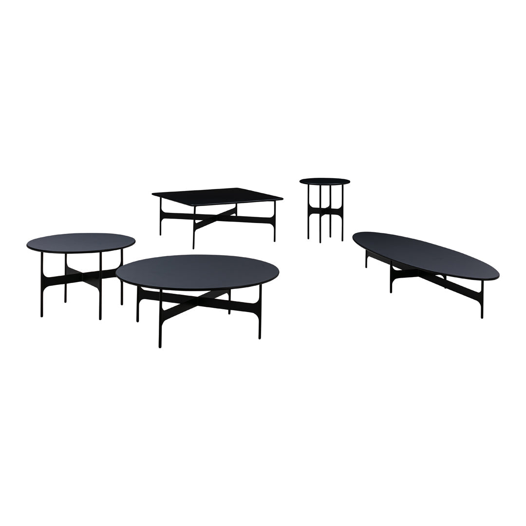 Set of five modern coffee tables in sleek black with various shapes and minimalist designs. Perfect for any decor.