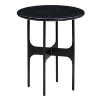Round black marble side table with a sleek black metal base, featuring subtle veining patterns for a modern look.