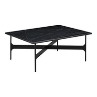 Black marble coffee table with white veining and sleek black metal legs, perfect for modern decor.