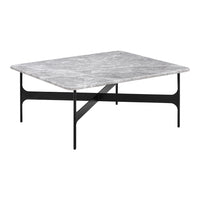 Gray marble tabletop with a subtle veining pattern, supported by a sleek black metal frame. Ideal for modern decor.