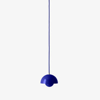 Sleek blue half-dome pendant light with a matching hanging cord on a minimalist background.