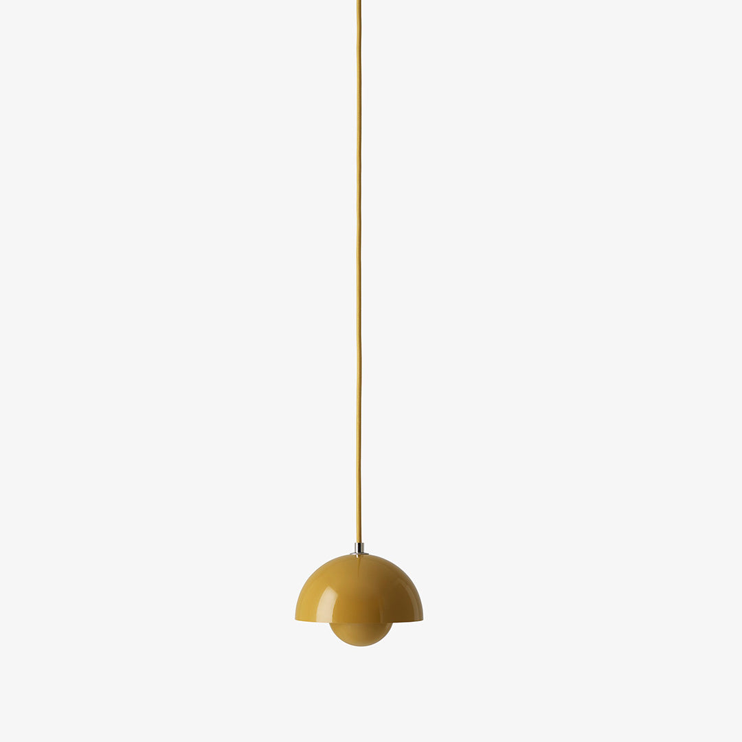 Yellow pendant lamp with a sleek, modern design and a glossy finish, perfect for adding a pop of color to any space.