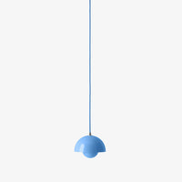 Light blue pendant lamp with a round, minimalist design and matching hanging cord. Perfect for modern decor.