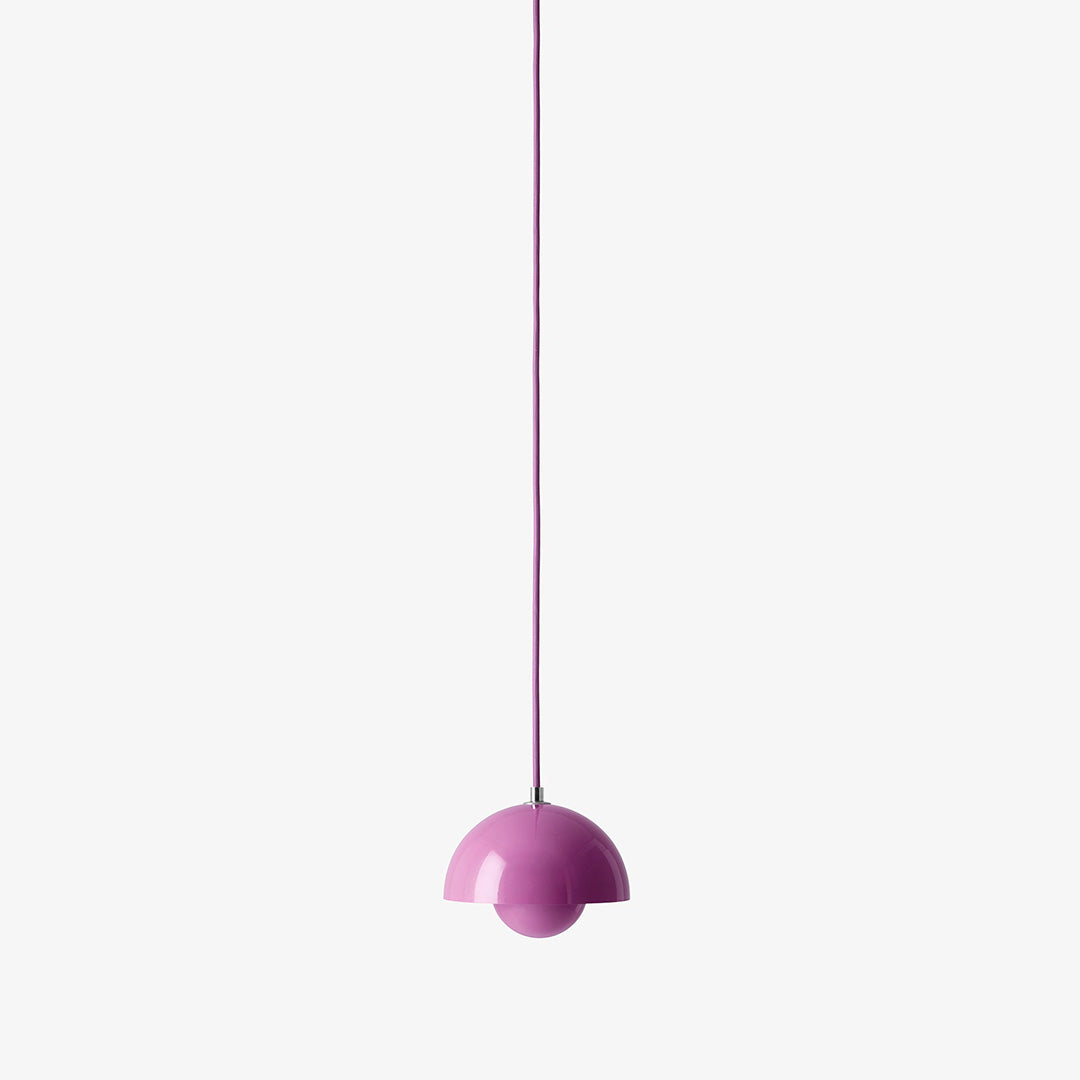 Hanging lamp in vibrant pink with a sleek, minimalist design and smooth, glossy finish.