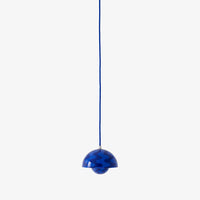 Blue hanging lamp with a glossy finish and geometric pattern, complementing any modern decor.