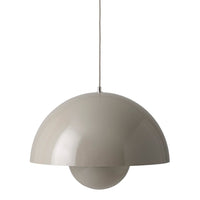 "Stylish gray pendant lamp with a modern dome shape and smooth, glossy finish."