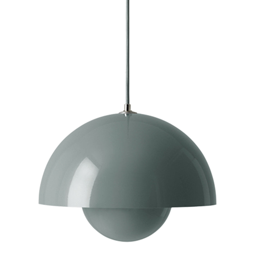 Gray pendant lamp with a sleek, rounded design and glossy finish, perfect for modern decor.