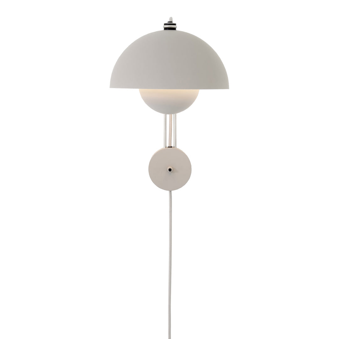 White dome-shaped wall lamp with a smooth finish and minimalist design. Elegant and modern aesthetic for any space.