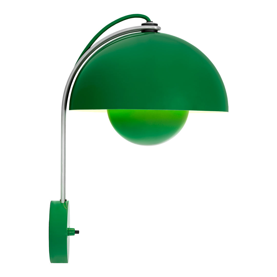 Green dome lamp with a glossy finish, featuring a vibrant green spherical shade and sleek chrome accents.