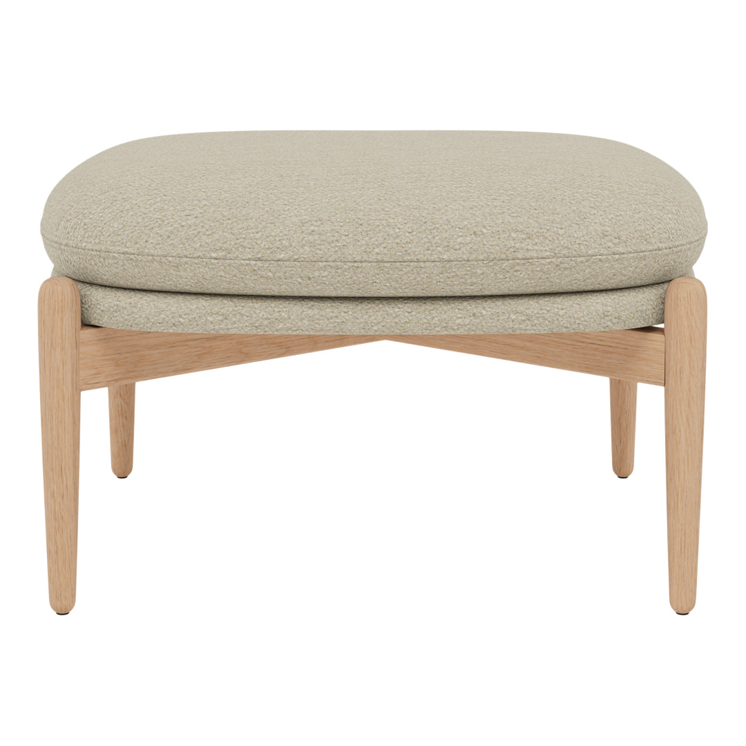 Light beige upholstered ottoman with a textured finish and natural wood legs. Stylish and modern accent piece.