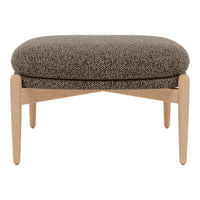 Brown and beige patterned ottoman with natural wood legs for modern decor.