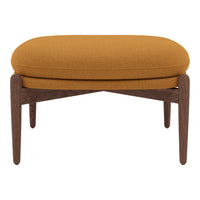 Mustard yellow upholstered ottoman with a smooth texture and dark walnut wood legs. Modern, minimalist design.