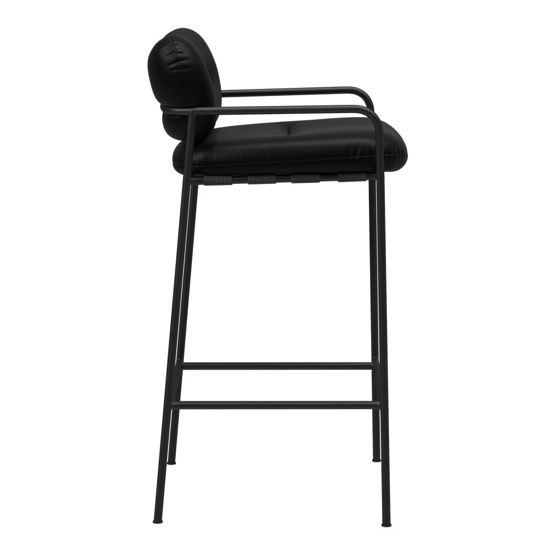 Black upholstered barstool with a sleek metal frame, featuring a minimalist design and curved backrest.