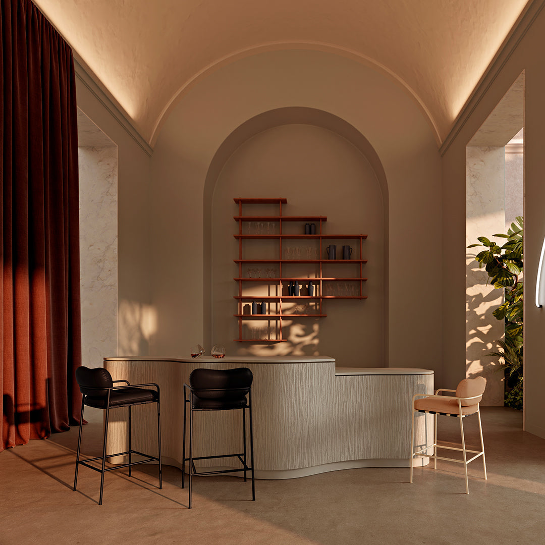 Modern interior with warm tones, deep red curtains, neutral walls, light wood accents, and minimalist shelving.