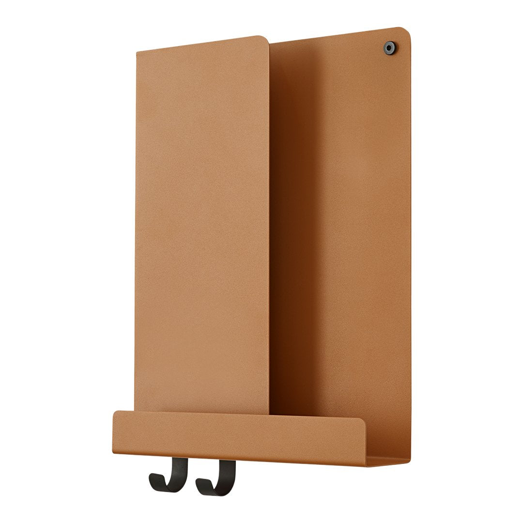 "Minimalist brown wall organizer with two black hooks and a smooth, matte finish."