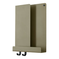 Olive green wall organizer with smooth finish and two black hooks for hanging. Minimalist design and modern style.