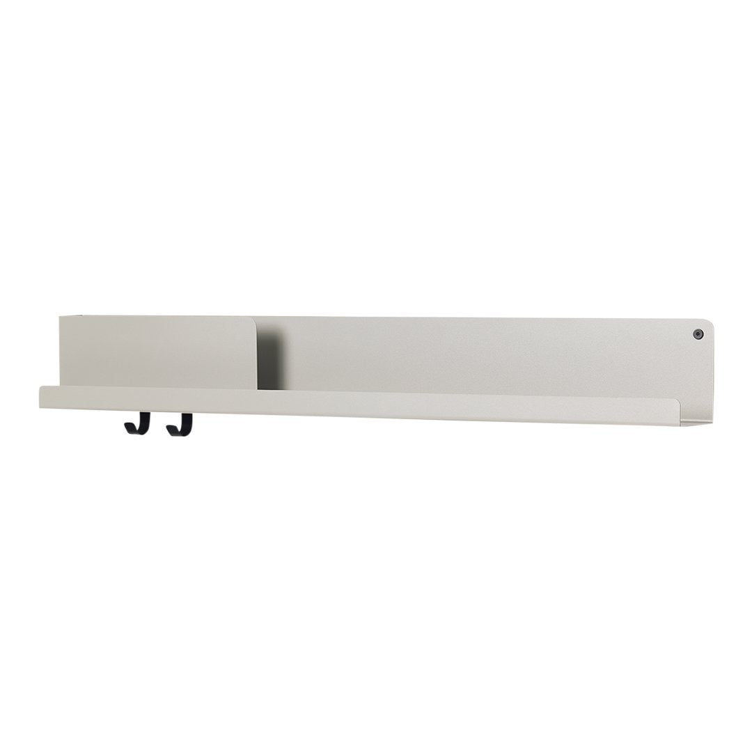 Light gray wall shelf with a smooth finish and two black hooks for hanging. Sleek, minimalist design.