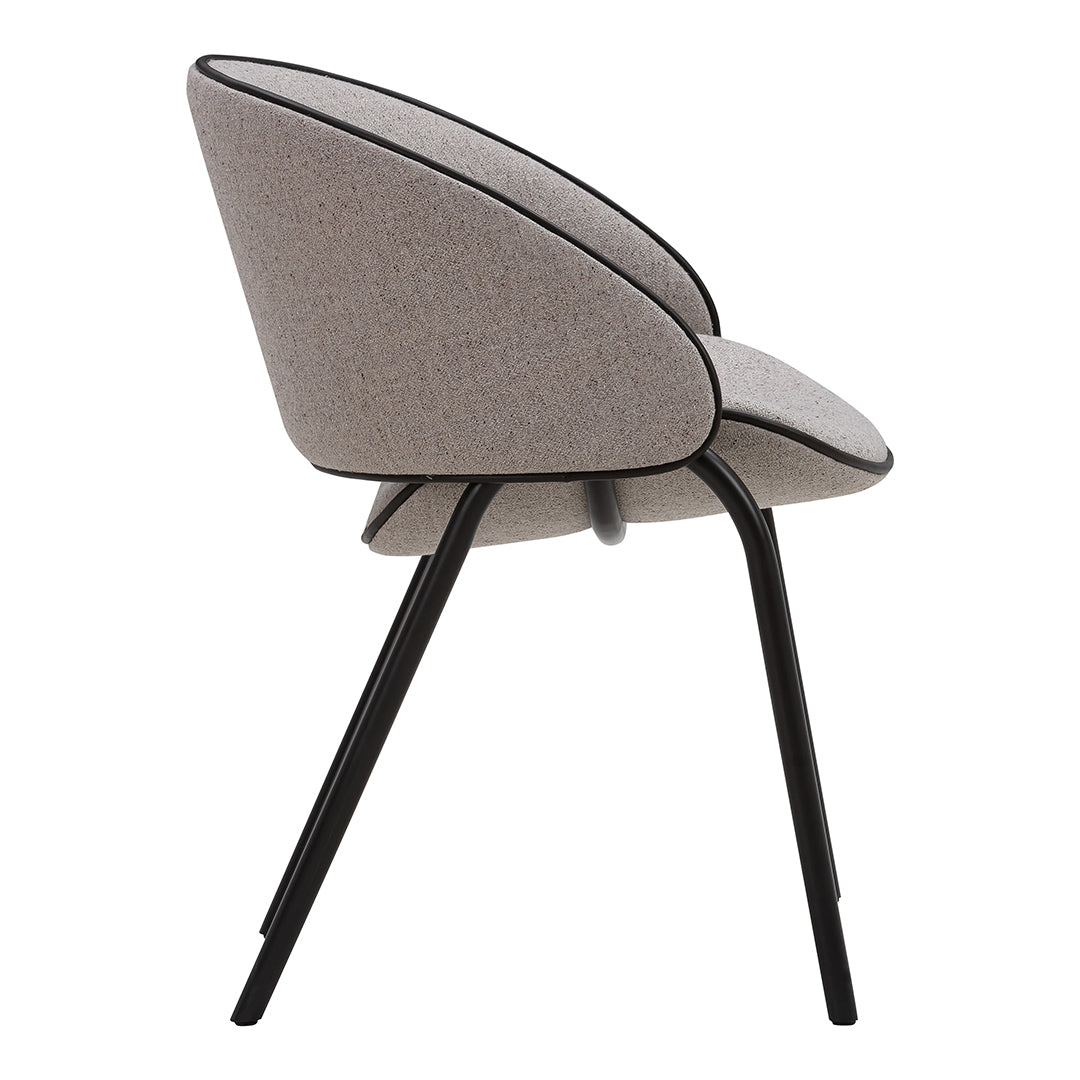 Grey upholstered chair with a smooth fabric finish and contrasting black piping, minimalist design, sleek black legs.