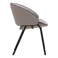 Grey upholstered chair with a smooth fabric finish and contrasting black piping, minimalist design, sleek black legs.
