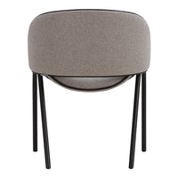 Minimalist round chair in textured light gray upholstery with black metal legs. Modern and stylish design for any space.