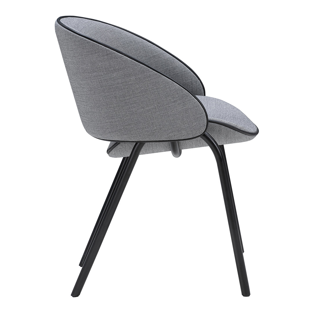 Stylish gray upholstered chair with black legs and subtle stitching details, perfect for modern interiors.