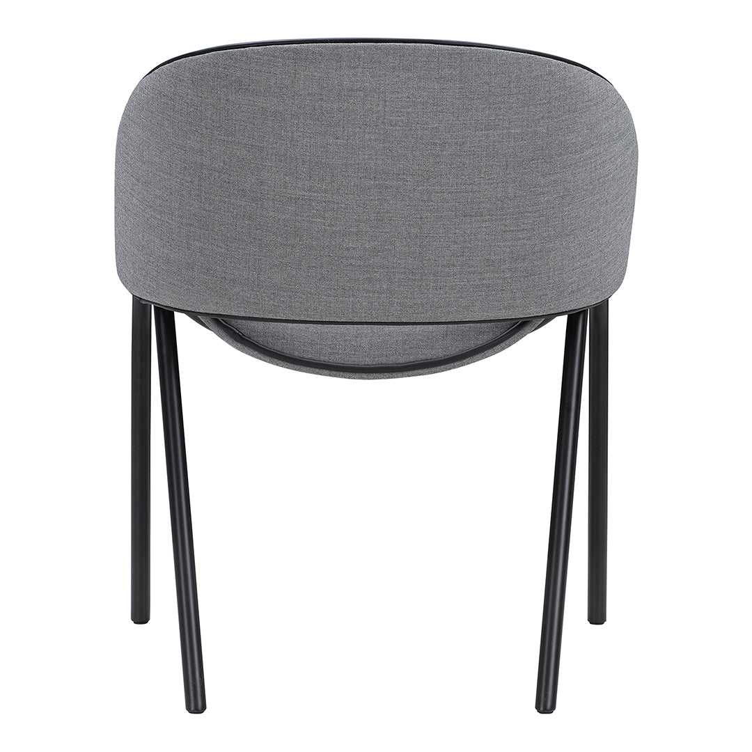 Gray upholstered chair with a smooth, rounded back and black metal legs, featuring a minimalist design.