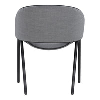 Gray upholstered chair with a smooth, rounded back and black metal legs, featuring a minimalist design.