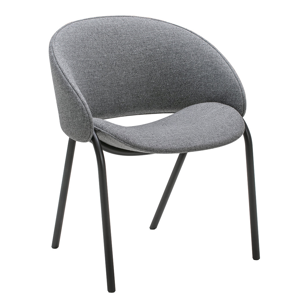 Gray upholstered chair with a sleek, rounded design and black metal legs, perfect for modern decor.