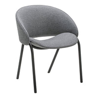 Gray upholstered chair with a sleek, rounded design and black metal legs, perfect for modern decor.