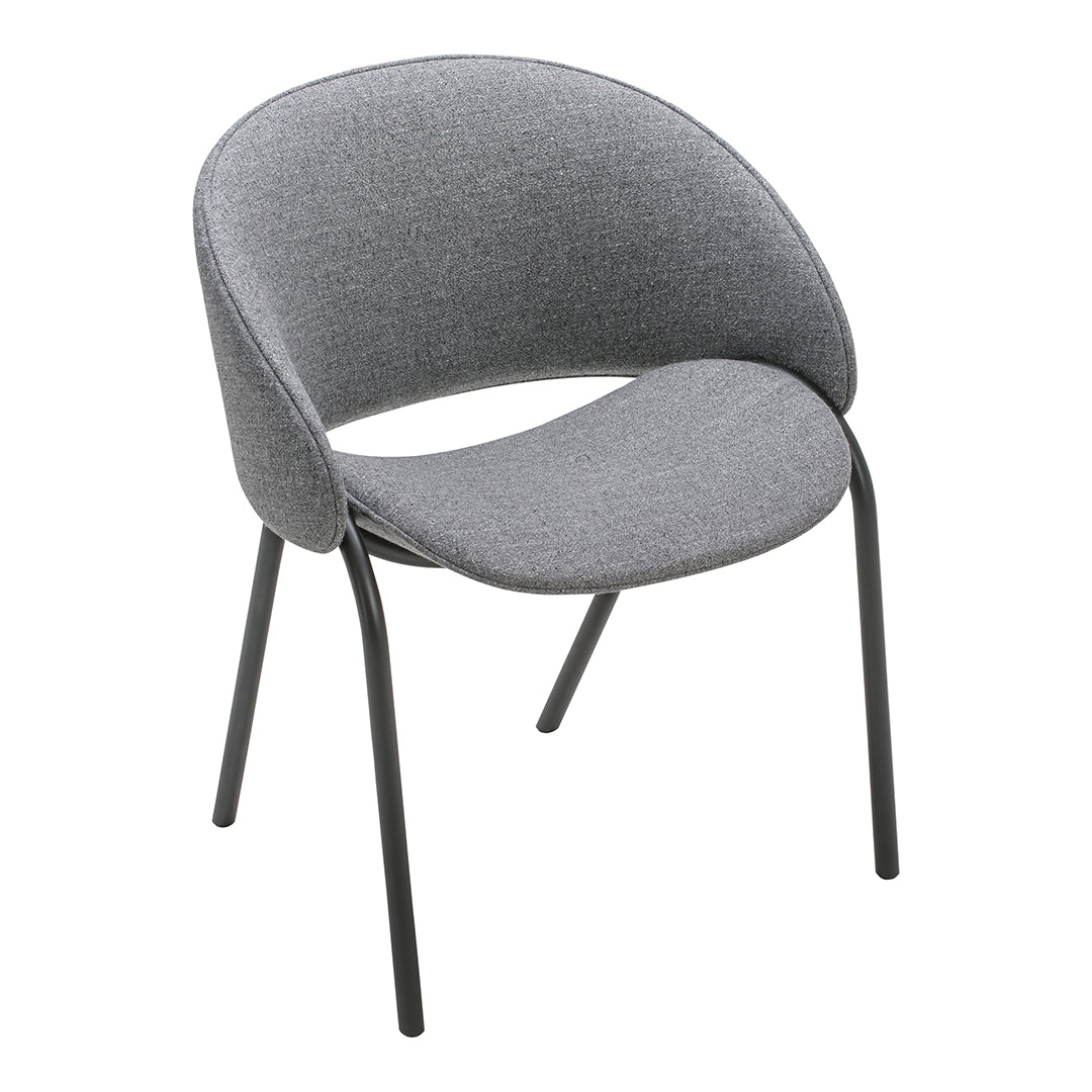 Gray upholstered chair with a sleek design and black metal legs, featuring a smooth, modern texture.