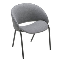Gray upholstered chair with a sleek design and black metal legs, featuring a smooth, modern texture.