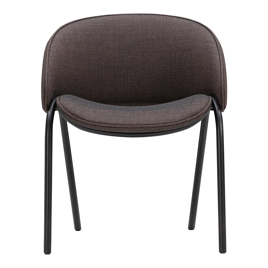Modern curved chair in dark brown fabric with a sleek black metal frame. Perfect for stylish interiors.