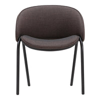 Modern curved chair in dark brown fabric with a sleek black metal frame. Perfect for stylish interiors.