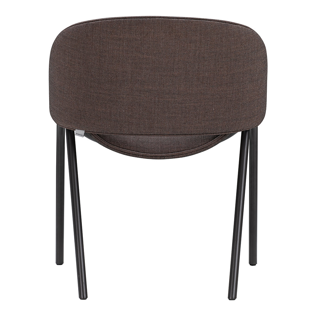 Brown upholstered chair with a simple, modern design and sleek black metal legs.