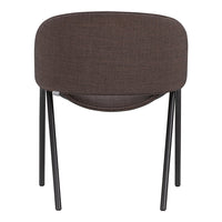 Brown upholstered chair with a simple, modern design and sleek black metal legs.