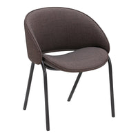 Modern chair with a sleek dark brown fabric upholstery and black metal legs, showcasing a seamless curved design.